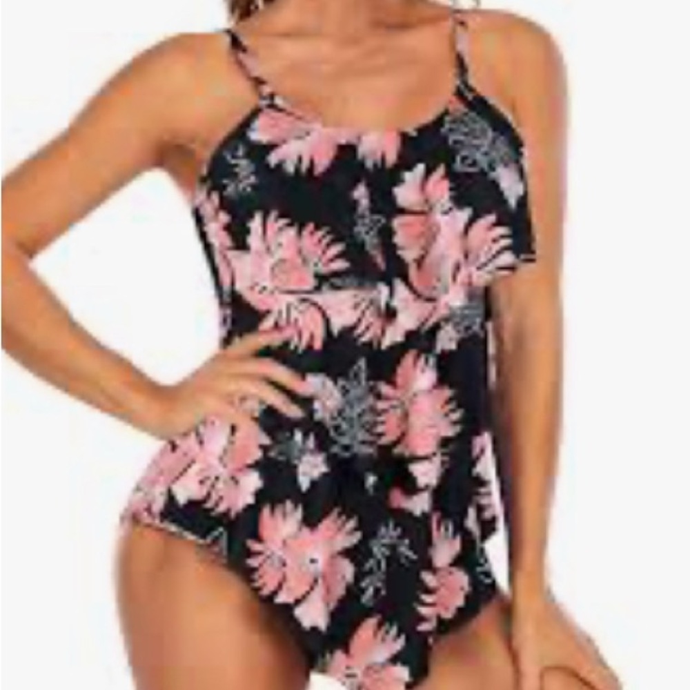 Floral Pink and Black Swimsuit 🖤